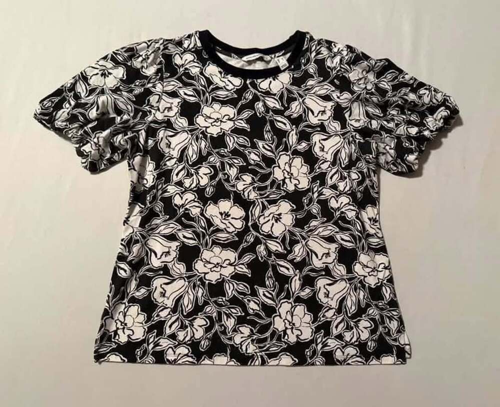 Isaac Mizrahi Floral Puff Sleeve Top Black White Size Medium